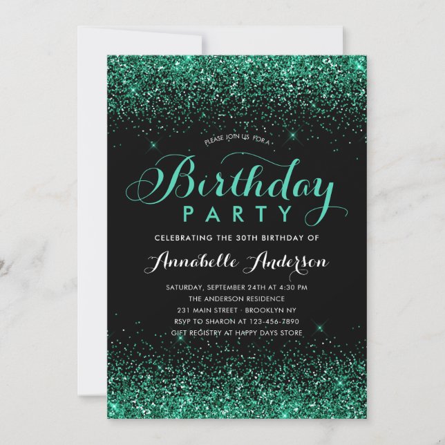 Invitation Black Turquoise Parties scintillant verte Étincell (Devant)