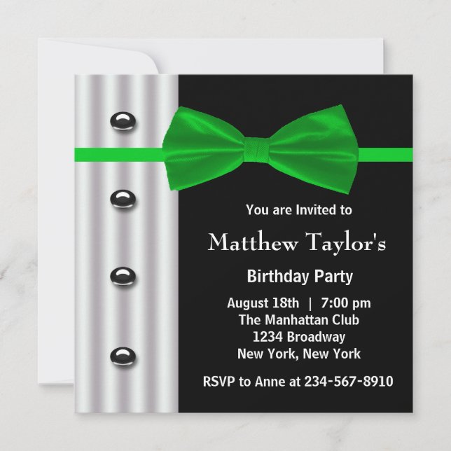 Invitation Black Tuxedo Green Bow Cravate Hommes fête d'anniv (Devant)