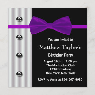 Invitation Black Tuxedo Purple Bow Cravates Hommes fête d'ann