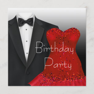 Invitation Black Tuxedo Red Robe fête d'anniversaire
