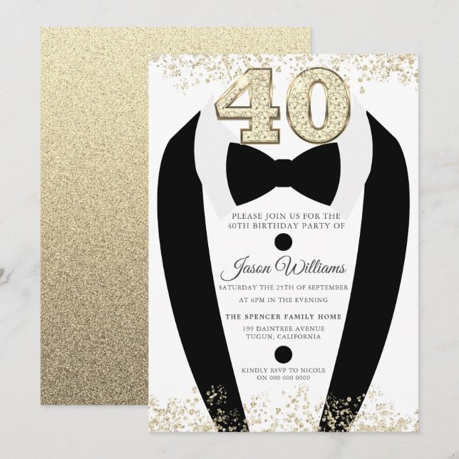 Invitation Black Tuxedo Suit Gold Mens 40e fête d'anniversair (Devant / Derrière)