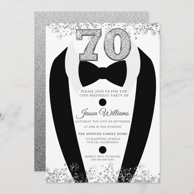 Invitation Black Tuxedo Suit Silver Mens 70e fête d'anniversa (Devant / Derrière)