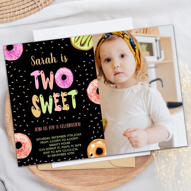 Invitation Black Two Sweet Pastel Photo Donut Anniversaire (Black Two Sweet Pastel Photo Donut Birthday Invitation)