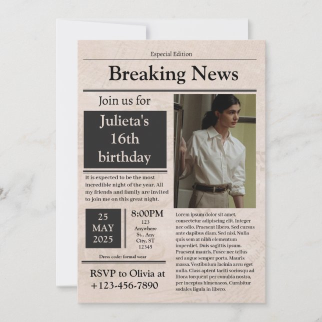 Invitation Black Vintage Breaking News classique (Devant)