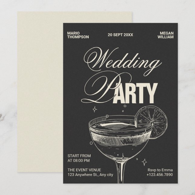 Invitation Black vintage cocktail mariage (Devant / Derrière)