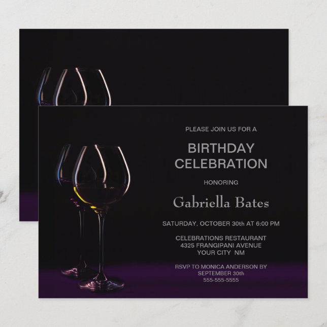 Invitation Black violet Anniversaire Vin Glass Party (Devant / Derrière)