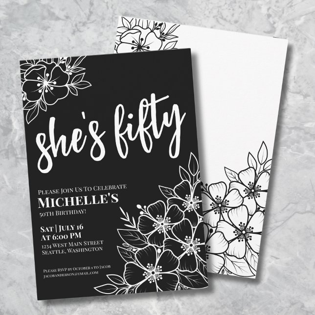 Invitation Black White 50th Birthday Party (Floral Fifty Black White 50th Birthday Party Invitation)