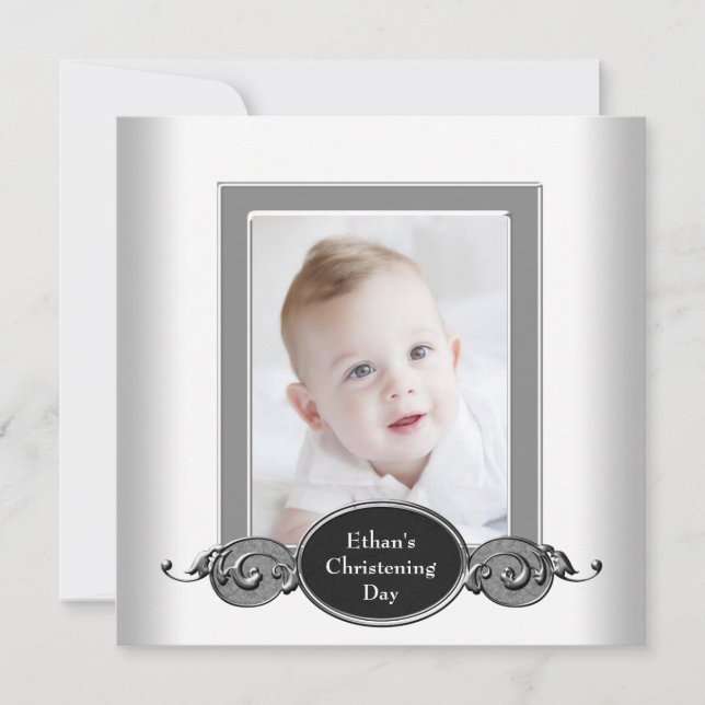 Invitation Black White Baby Boy Photo Christening (Devant)