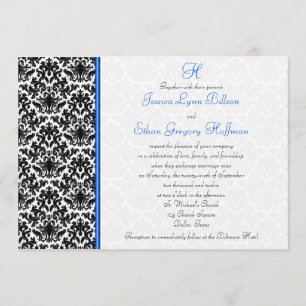 Invitation Black, White, Blue Mariage damassé