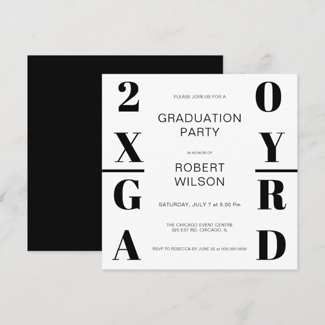 Invitation Black White Bold Typographie Graduation Party Invi (Devant / Derrière)