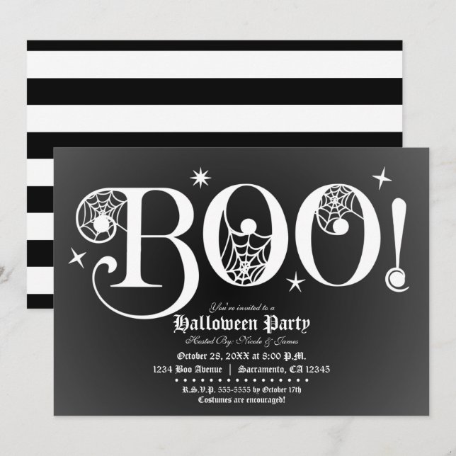 Invitation Black & White BOO Élégante fête d'Halloween (Devant / Derrière)