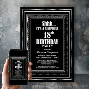 Invitation Black White Border Surprise 18e fête d'anniversair