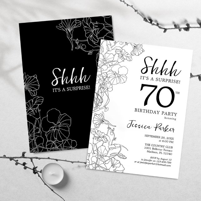 Invitation Black White Botanical Surprise 70e anniversaire (Créateur téléchargé)