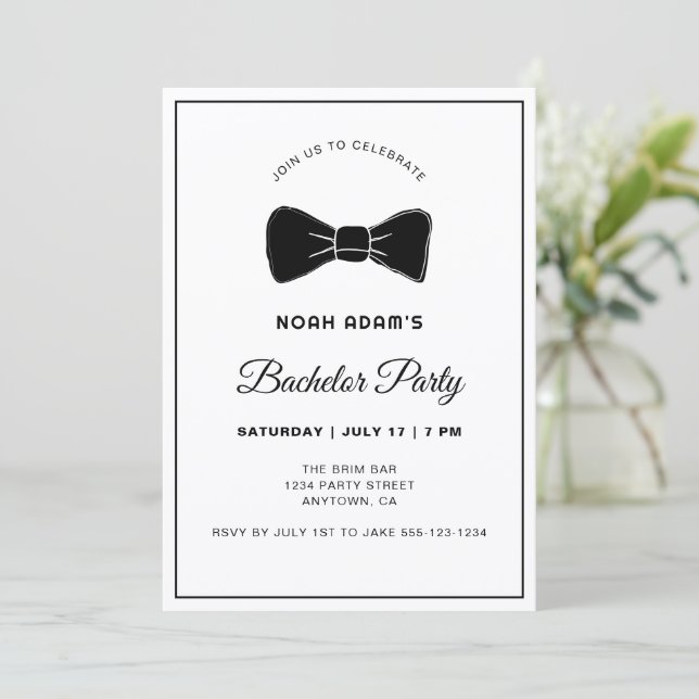 Invitation Black & White Bow Cravate moderne Bachelor Party I (Debout devant)