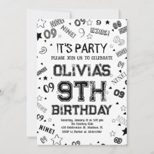 Invitation Black White Boy Numéro Neuf fête d'anniversaire