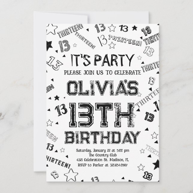 Invitation Black White Boy Numéro Treize fête d'anniversaire (Devant)