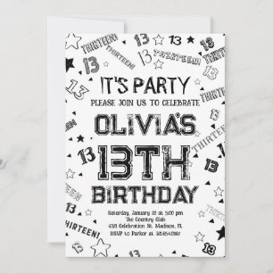 Invitation Black White Boy Numéro Treize fête d'anniversaire