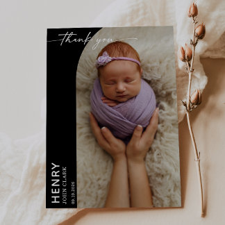 Invitation Black White Calligraphy Photo Baby Thank You Card