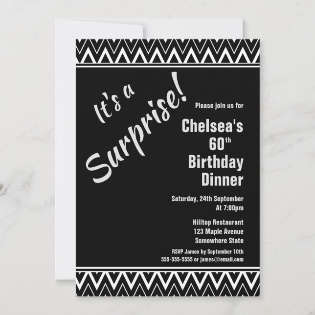 Invitation Black White Chevron Surprise 60e Anniversaire Dîne (Devant)