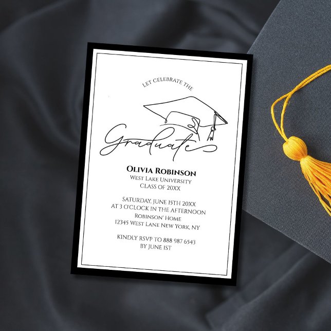 Invitation Black White Classic Graduation cap typography (Créateur téléchargé)