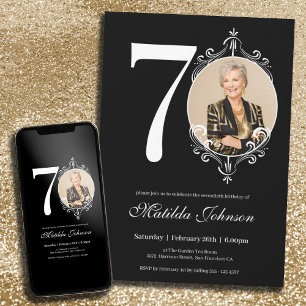 Invitation Black White Classy Photo personnalisée 70e anniver