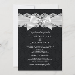 Invitation Black & White Damask & Pearl Bow Wedding Invitatio