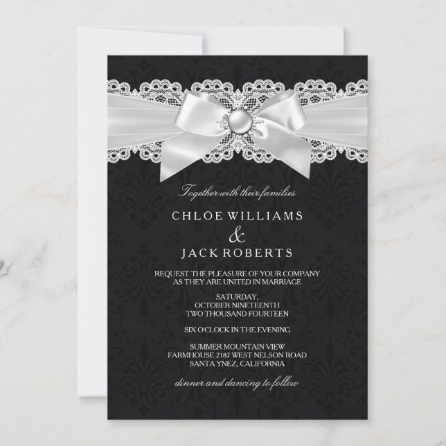 Invitation Black & White Damask & Pearl Bow Wedding Invitatio (Devant)