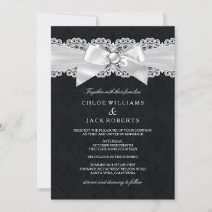 Invitation Black & White Damask & Pearl Bow Wedding Invitatio
