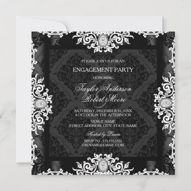 Invitation Black & White Diamond Damask Engagement Party (Devant)