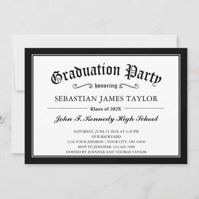Invitation Black White Diplôme Style Graduation Party (Devant)