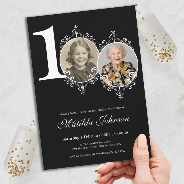 Invitation Black White Elegant Photo 100e anniversaire (100th Birthday Elegant Black White Custom Photo Invitation)