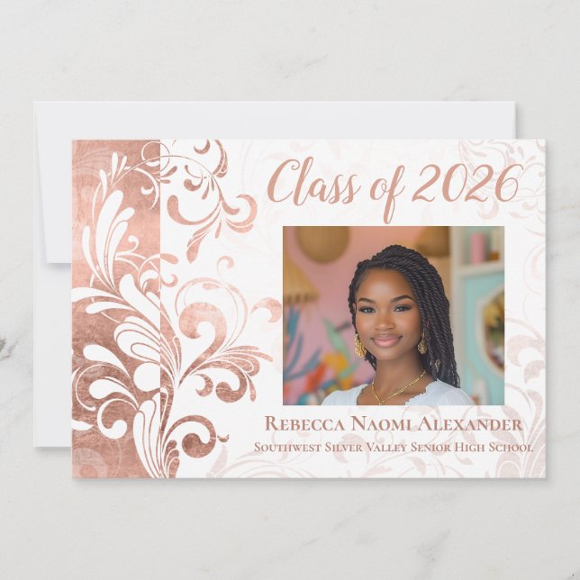 Invitation Black White Elegant Swirl Photo 2021 Graduation (Devant)