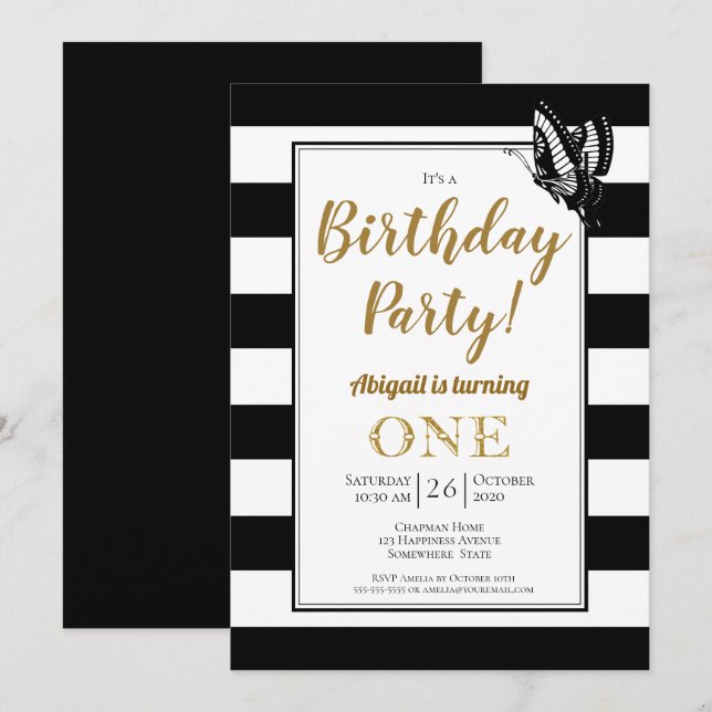 Invitation Black White et Gold 1er anniversaire (Devant / Derrière)
