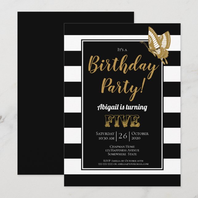 Invitation Black White et Gold Parties scintillant 5e fête d' (Devant / Derrière)
