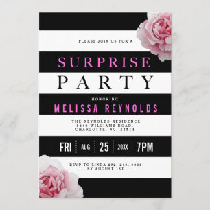 Invitation Black White et rose Roses Parti surprise