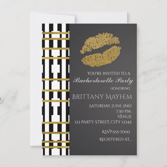 Invitation Black White & Faux Gold Beauté Lips Kiss Party (Devant)
