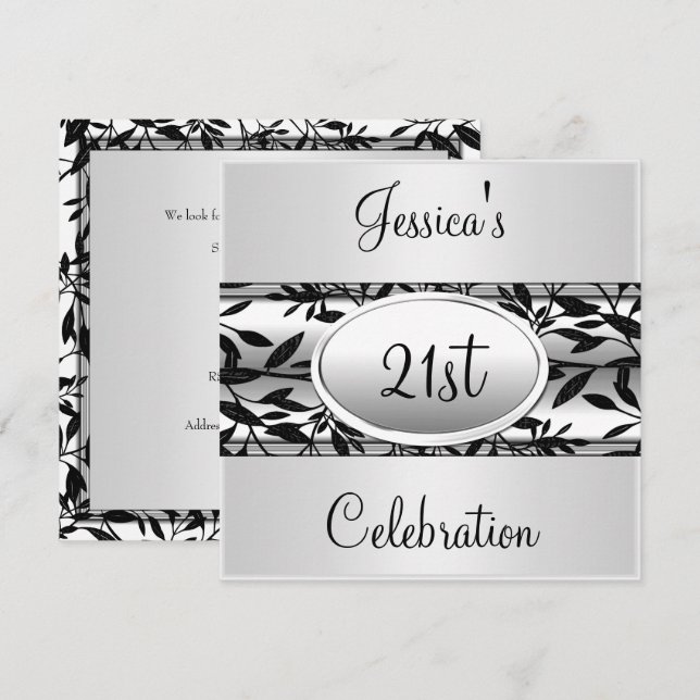 Invitation Black & White Floral 21e anniversaire (Devant / Derrière)