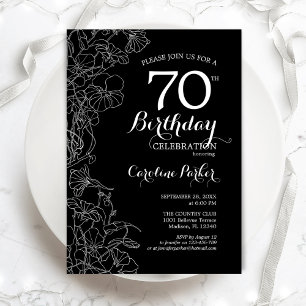 Invitation Black White Floral 70e fête d'anniversaire