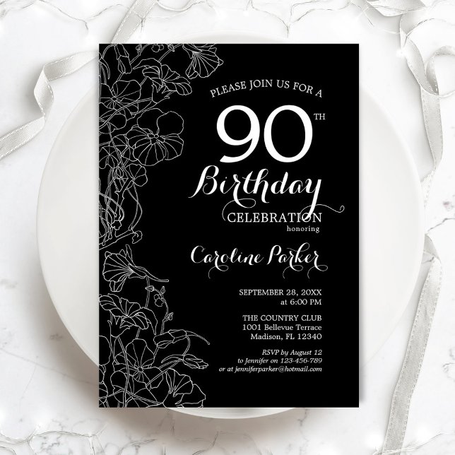 Invitation Black White Floral 90e fête d'anniversaire (Créateur téléchargé)