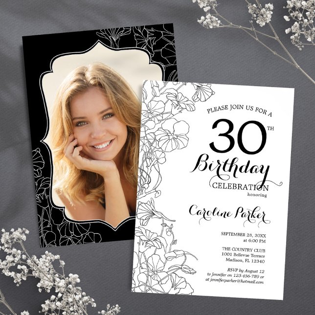 Invitation Black White Floral Photo 30th Birthday Party (Créateur téléchargé)