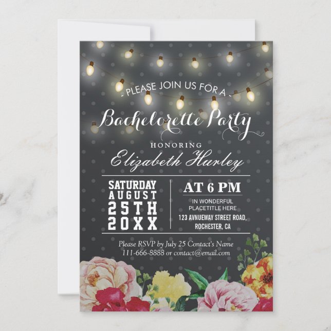 Invitation Black White Floral String Light Bachelorette Party (Devant)