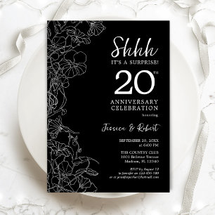 Invitation Black White Floral Surprise 20e anniversaire