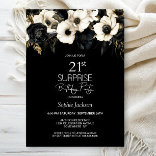 Invitation Black White Floral Surprise 21ème anniversaire
