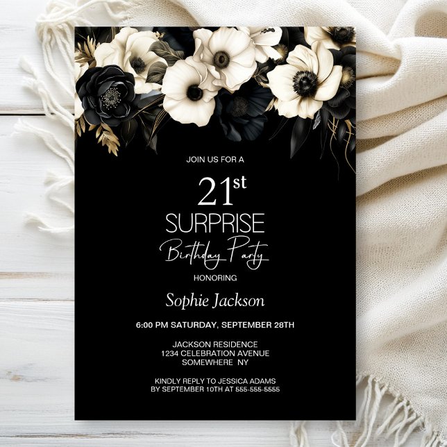 Invitation Black White Floral Surprise 21ème anniversaire (Créateur téléchargé)