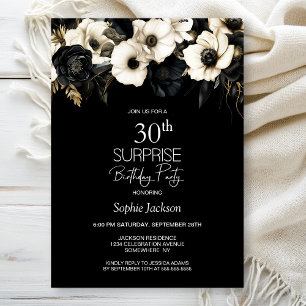 Invitation Black White Floral Surprise 30e anniversaire