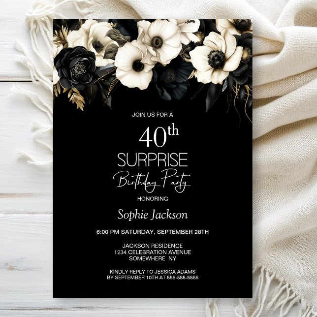 Invitation Black White Floral Surprise 40e anniversaire fête (Créateur téléchargé)