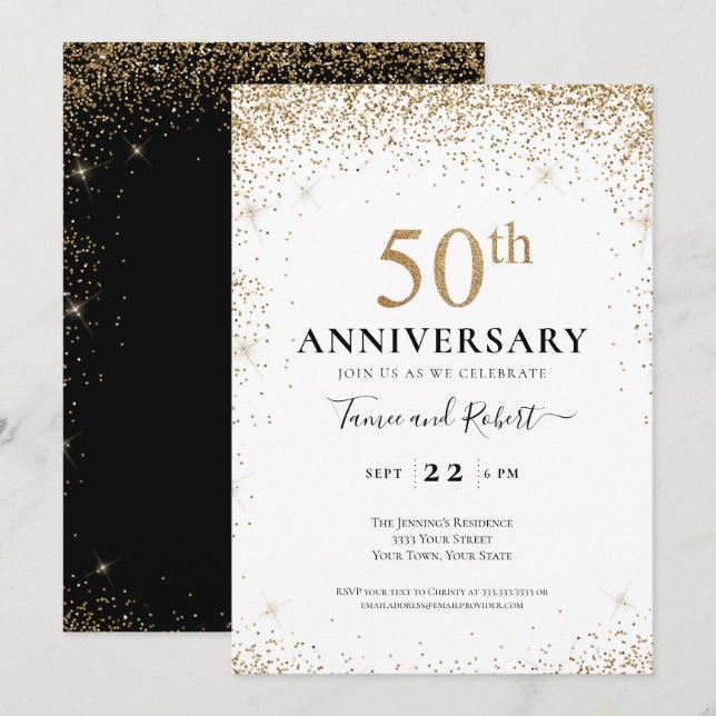 Invitation Black White Gold 50e anniversaire de Mariage (Devant / Derrière)