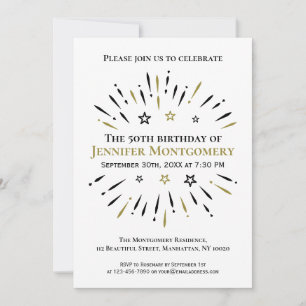 Invitation Black White Gold 50th Birthday Party Fireworks