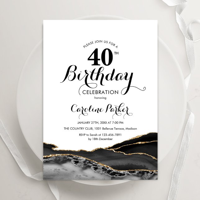 Invitation Black White Gold Agate 40e anniversaire (Créateur téléchargé)