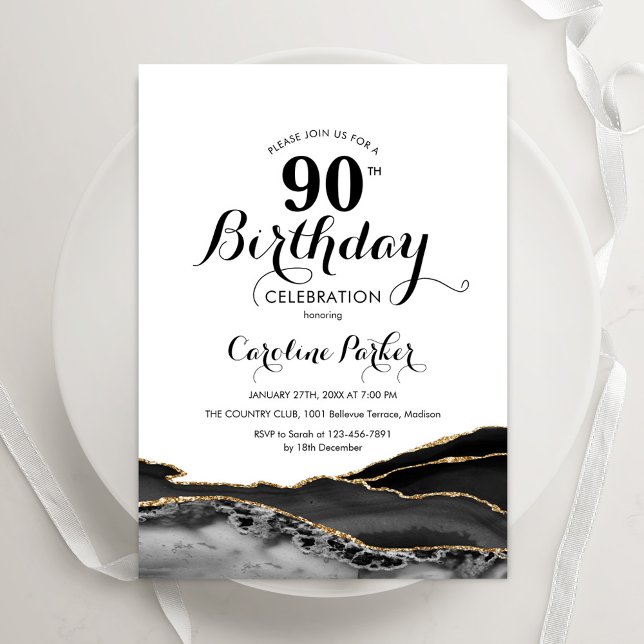 Invitation Black White Gold Agate 90e anniversaire (Créateur téléchargé)